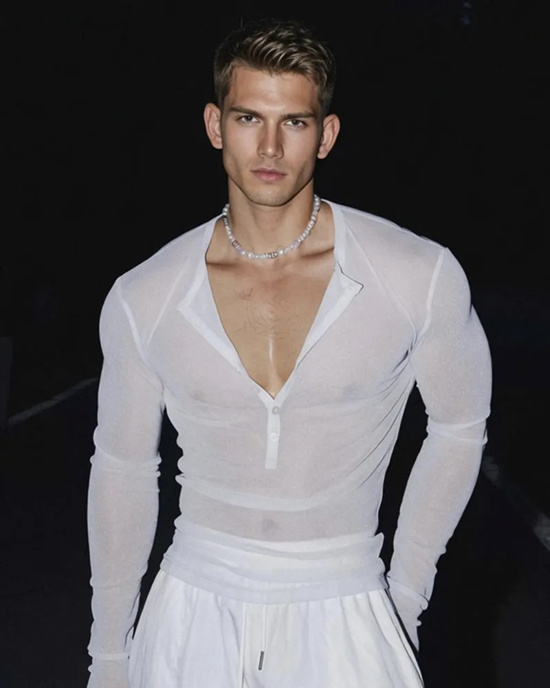 Men's Sheer Glitter Button Henley Long Sleeve Top sold by Avid Love product image thumbnail 5