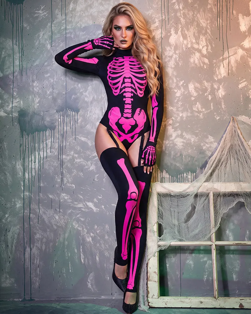 Neon Skeleton Print Bodysuit with Stockings and Gloves Halloween Set sold by Avid Love product image thumbnail 2