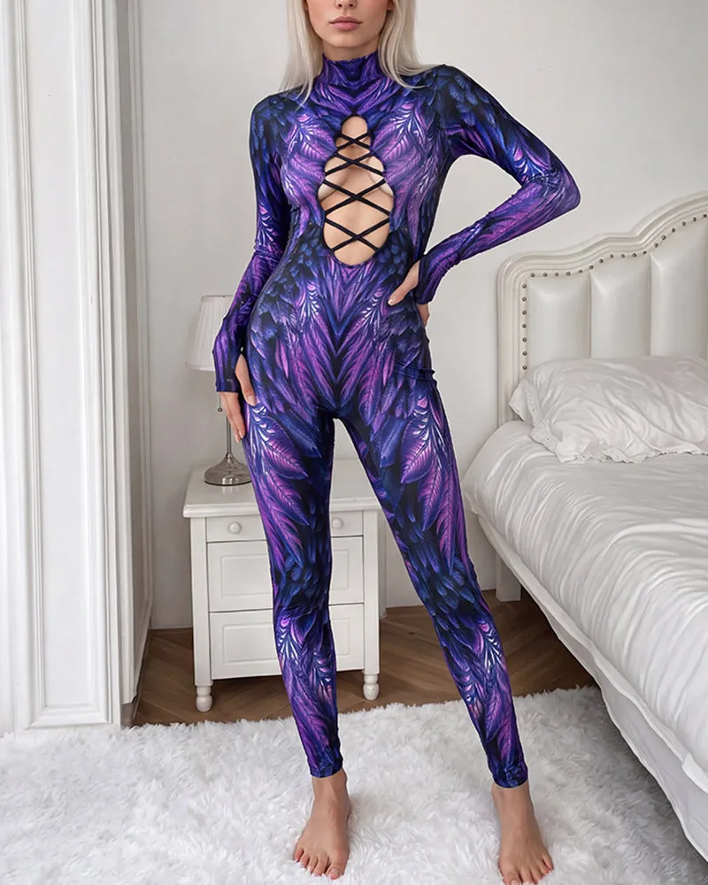 Feather Print Lace-Up Cutout Long Sleeve Catsuit Costume sold by Avid Love product image thumbnail 2