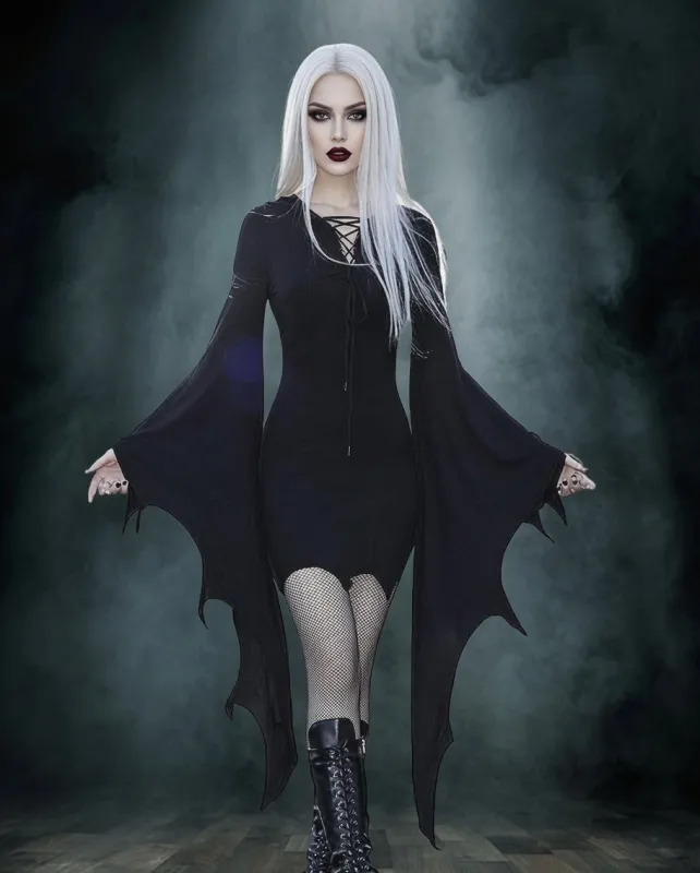 Bat Wing Gothic Lace-Up Halloween Mini Dress made by Avid Love