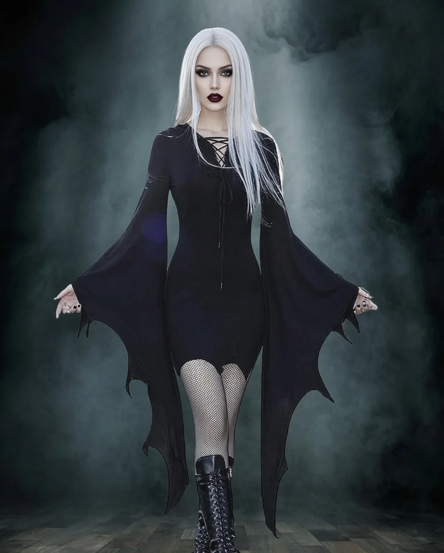 Bat Wing Gothic Lace-Up Halloween Mini Dress sold by Avid Love