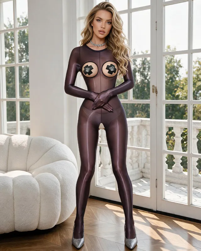 Glossy Sheer Long-Sleeve Cupless Crotchless Bodystocking made by Avid Love