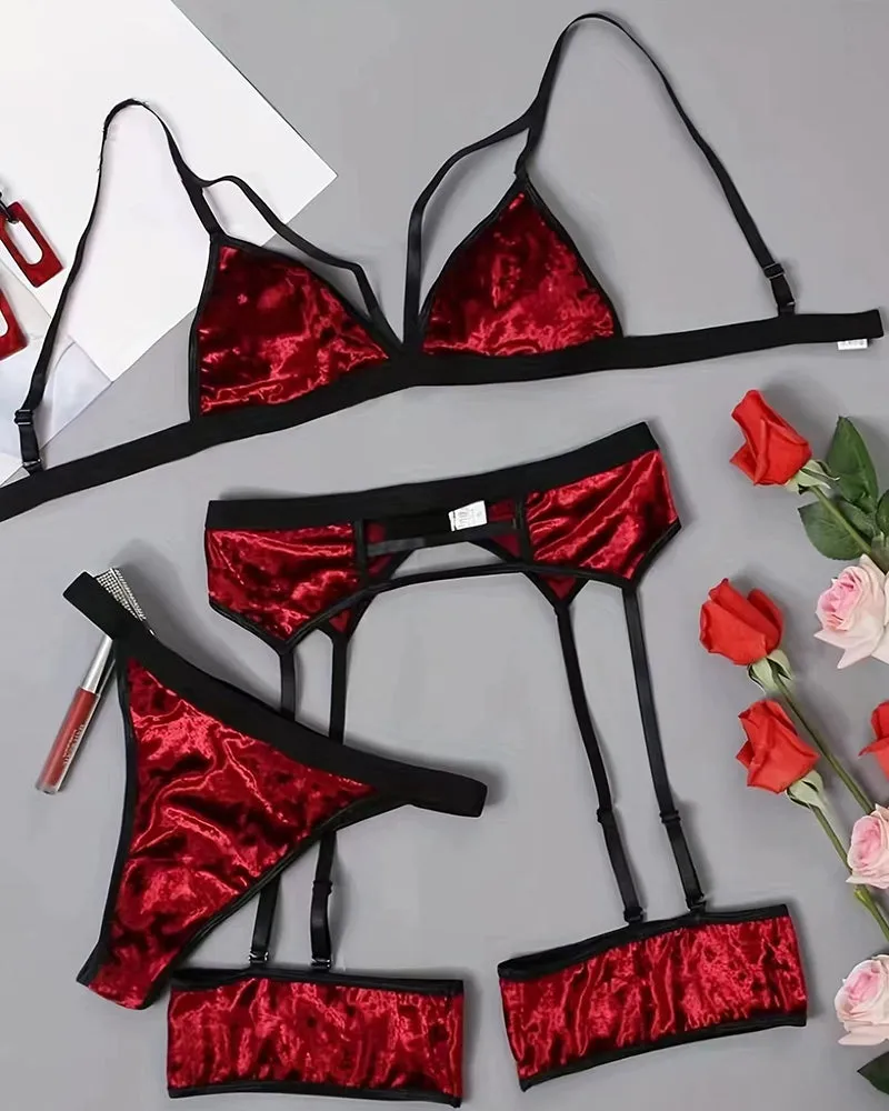 Velvet 4-Piece Lingerie Set with Bra, Panty, Waist Belt and Leg Garter sold by Avid Love product image thumbnail 4