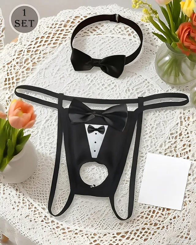 Men's Tuxedo Print Open Pouch G-String Thong with Bow Collar Set made by Avid Love