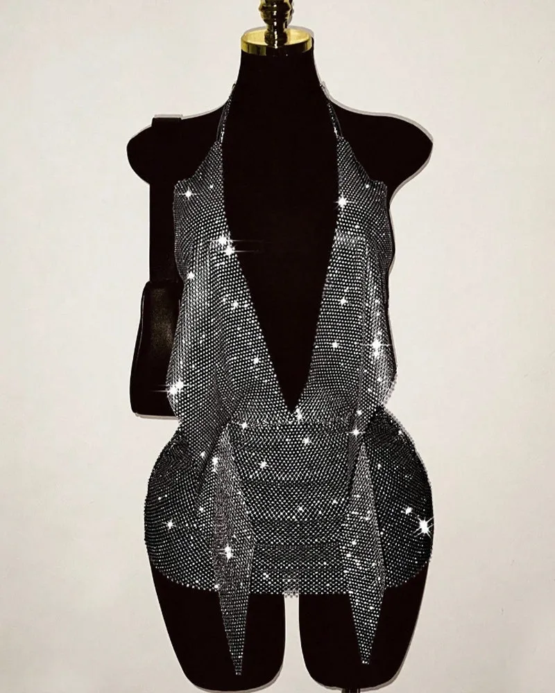 Rhinestone Fishnet Backless Halter Mini Dress sold by Avid Love product image thumbnail 4