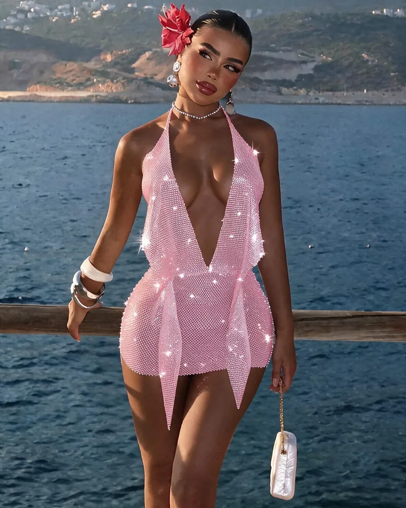 Rhinestone Fishnet Backless Halter Mini Dress sold by Avid Love