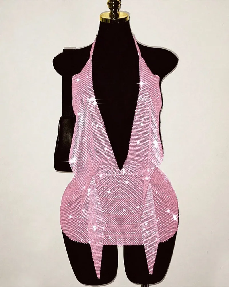 Rhinestone Fishnet Backless Halter Mini Dress sold by Avid Love product image thumbnail 2