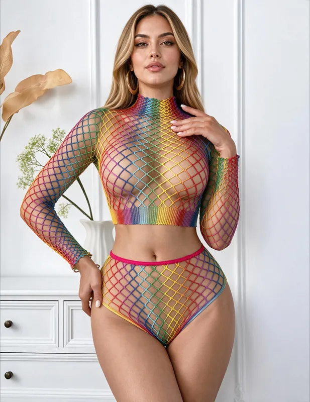 Rainbow Fishnet Mesh Crop Top and Shorts Lingerie Set made by Avid Love