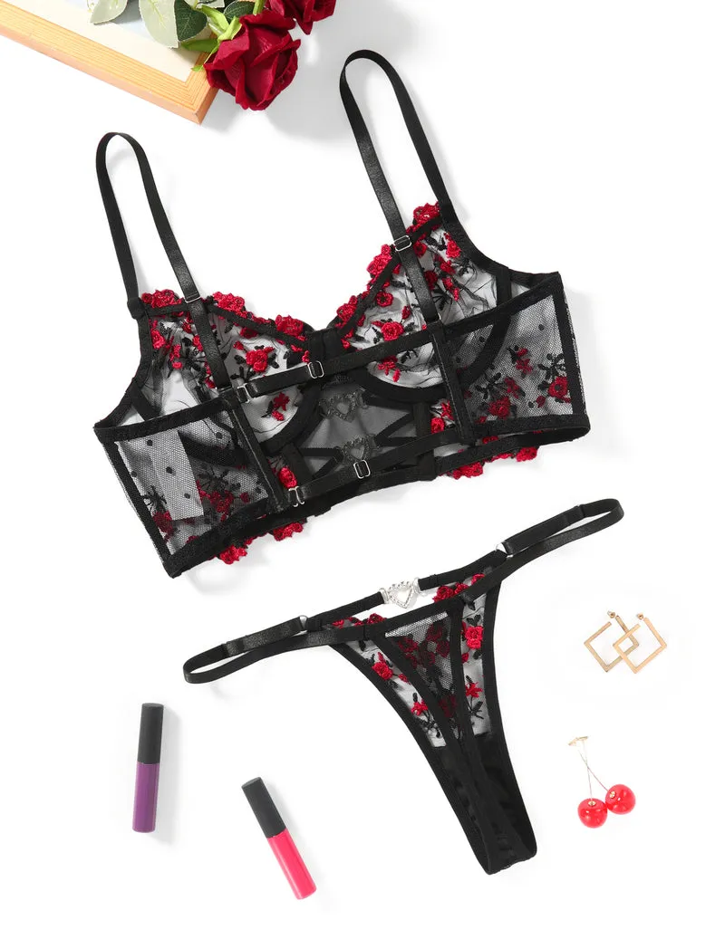 Embroidered Mesh Bra and Thong Lingerie Set sold by Avid Love product image thumbnail 4