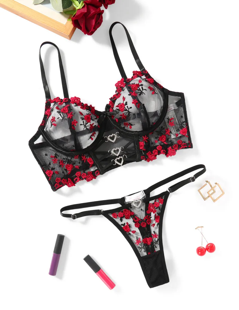 Embroidered Mesh Bra and Thong Lingerie Set sold by Avid Love product image thumbnail 3