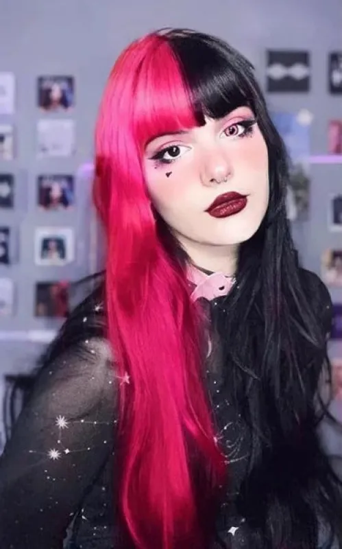 Long Straight Half Black Half Pink Halloween Wig made by Avid Love