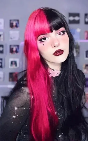Long Straight Half Black Half Pink Halloween Wig sold by Avid Love