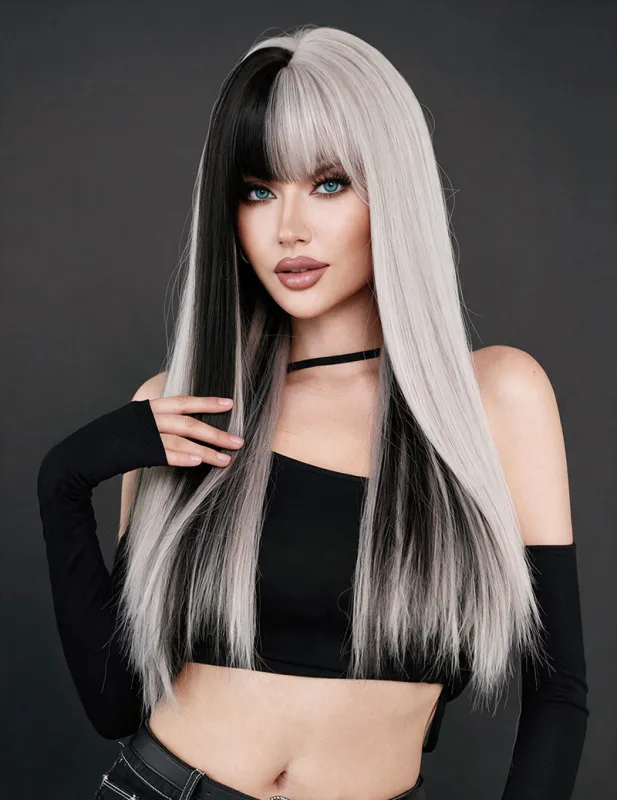 Long Straight Split Color Bangs Wig with Hair Net made by Avid Love