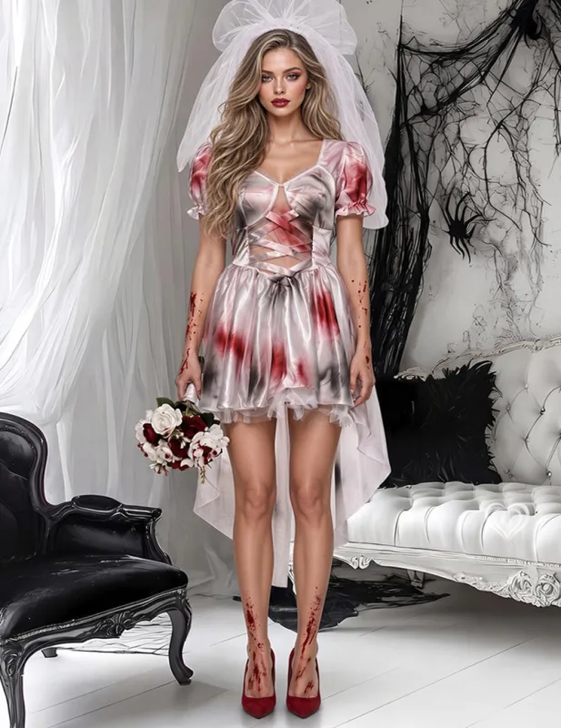 Zombie Bride Cosplay Dress Set with Veil and Blood Stain Details made by Avid Love