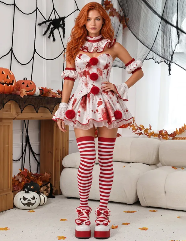 Halloween Clown Cosplay Dress Set with Ruffled Collar and Striped Stockings made by Avid Love