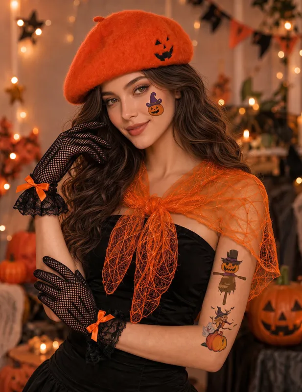 Halloween Themed Cape Set with Beret Gloves and Tattoo Stickers made by Avid Love