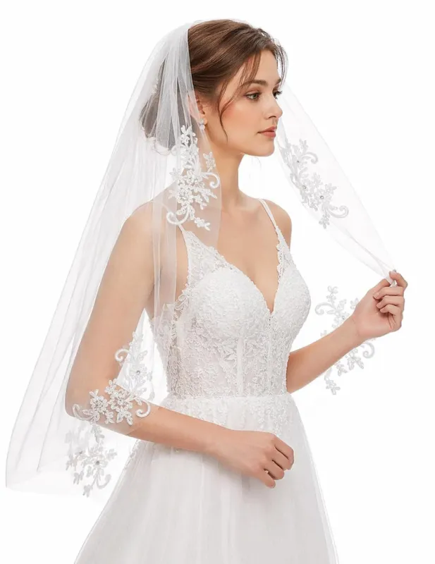Fingertip Length Wedding Veil Scalloped Lace Edge Bridal Veil with Comb made by Avid Love