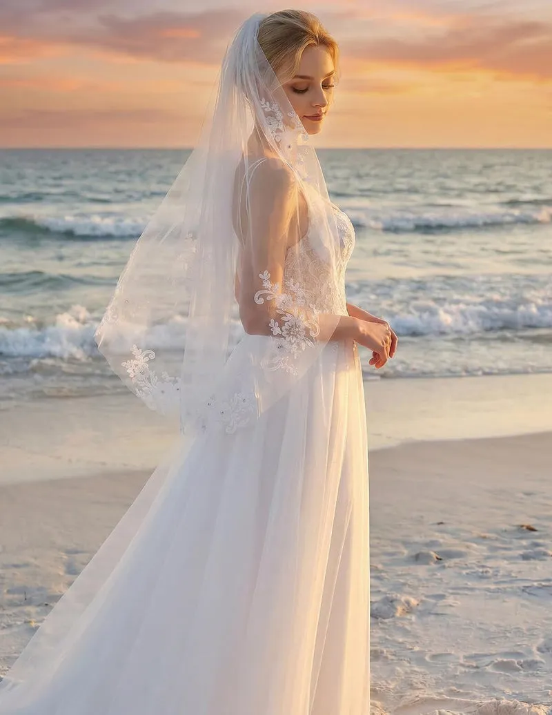 Fingertip Length Wedding Veil Scalloped Lace Edge Bridal Veil with Comb sold by Avid Love product image thumbnail 2
