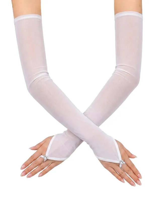 Sheer Mesh Arm  Warmers Over Elbow Fingerless Gloves Rhinestone Thumb Loop made by Avid Love