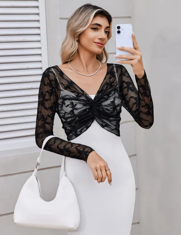 Floral Lace Bolero Shrug V Neck Front Knot Long Sleeve Crop Cover Up Top made by Avid Love