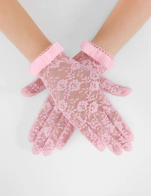 Floral Lace Gloves Short Wrist Length Bow Detail Full Finger made by Avid Love