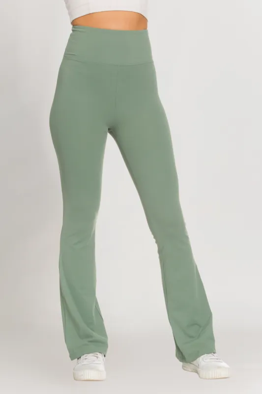 Light Sage Flared Yoga Pants sold by Gold Hinge