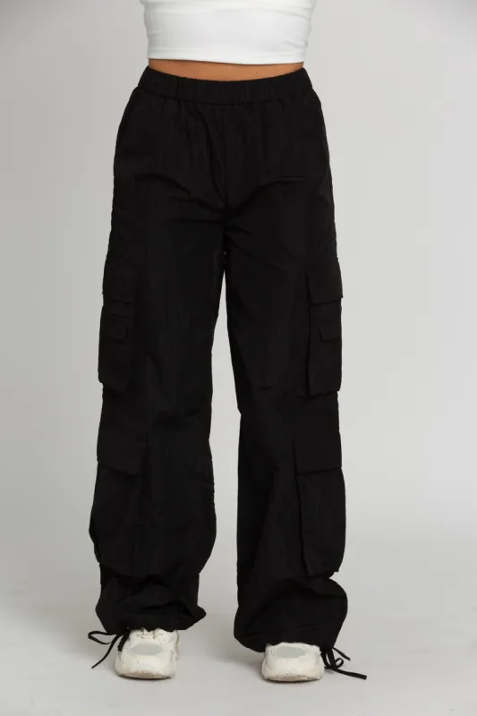 Shiny Black Parachute Pants sold by Gold Hinge