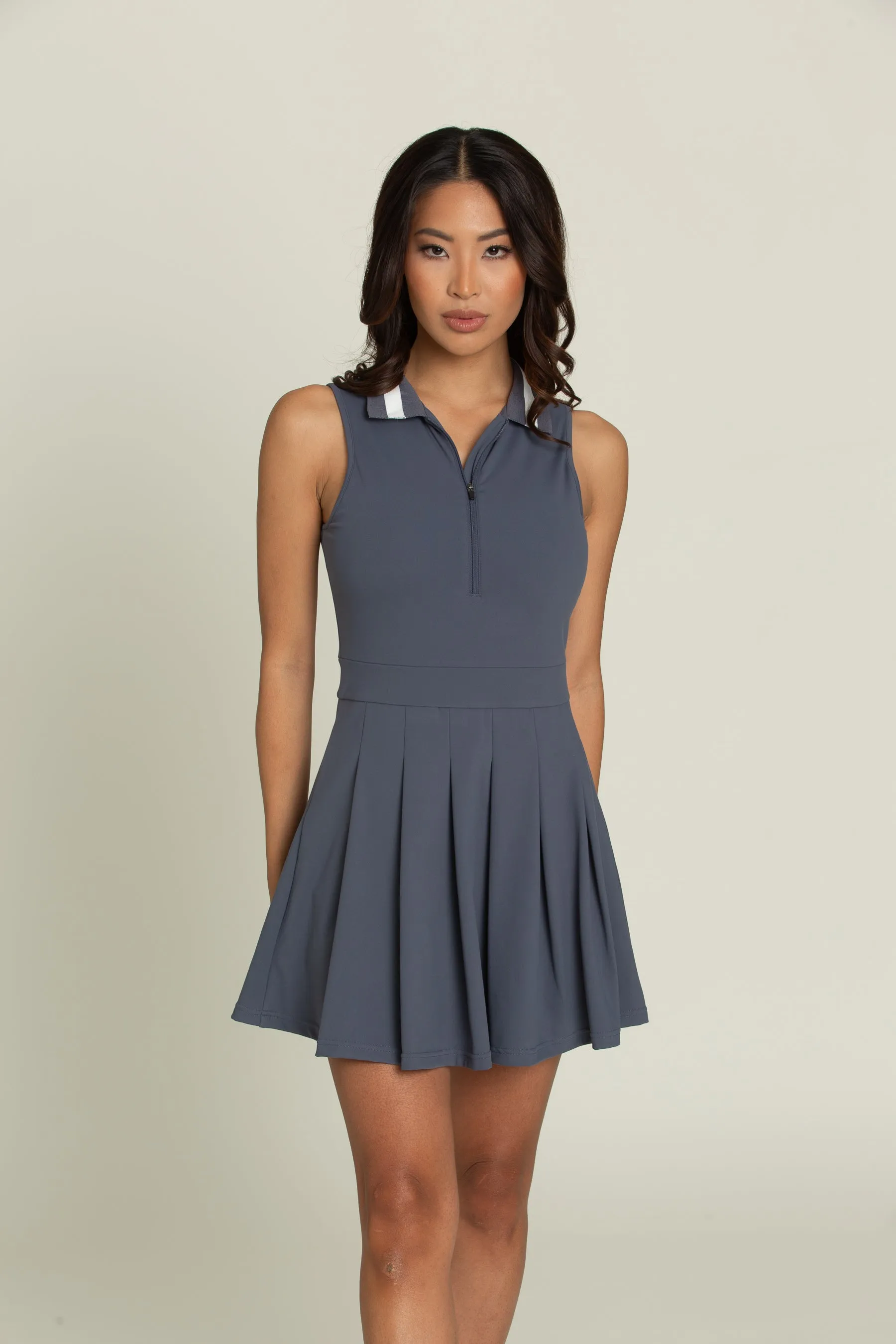 Navy Pleated Lined Collar Tennis Dress | Parallel