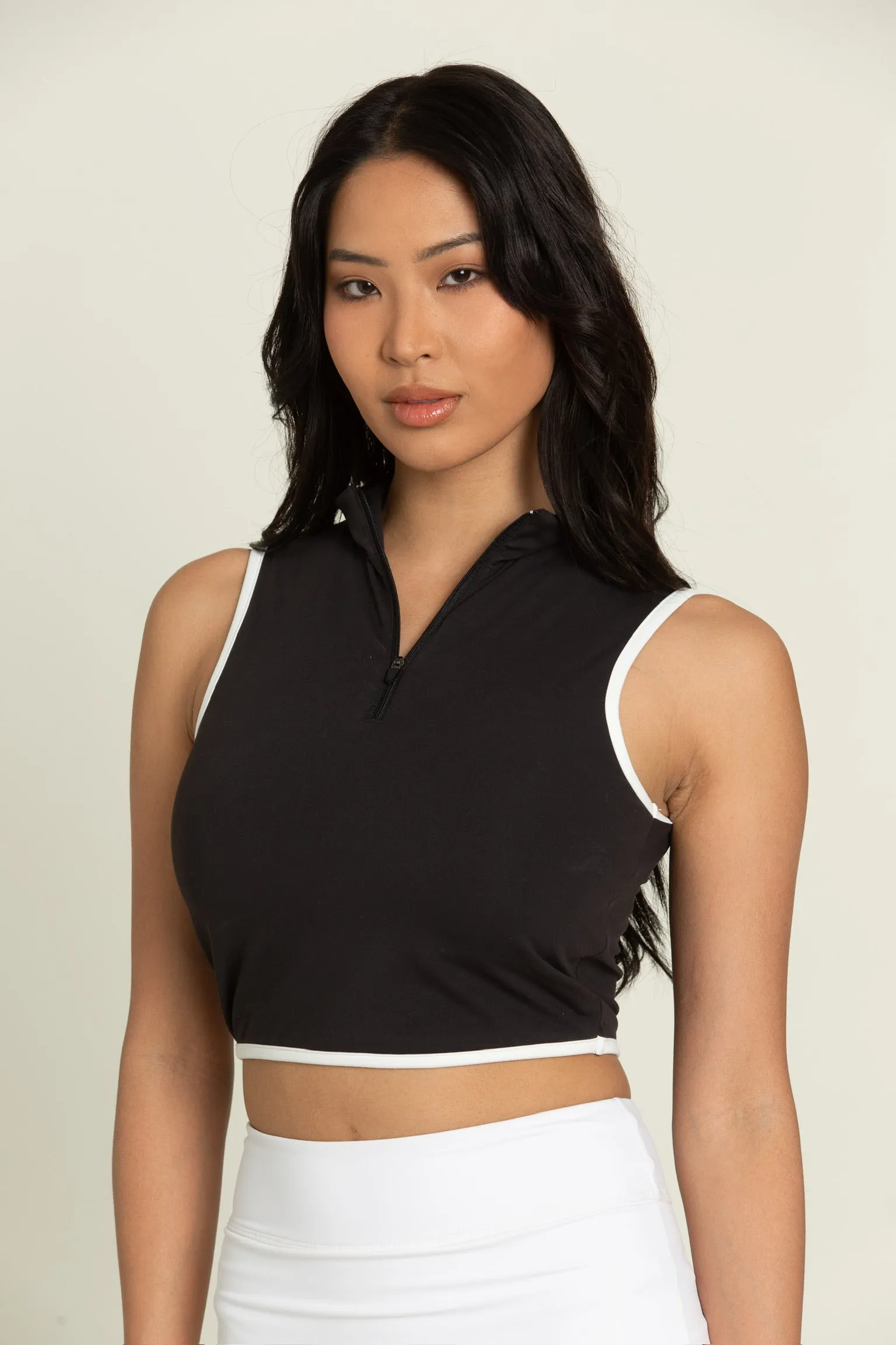 Black White Lined Half-Zip Crop Top sold by Gold Hinge