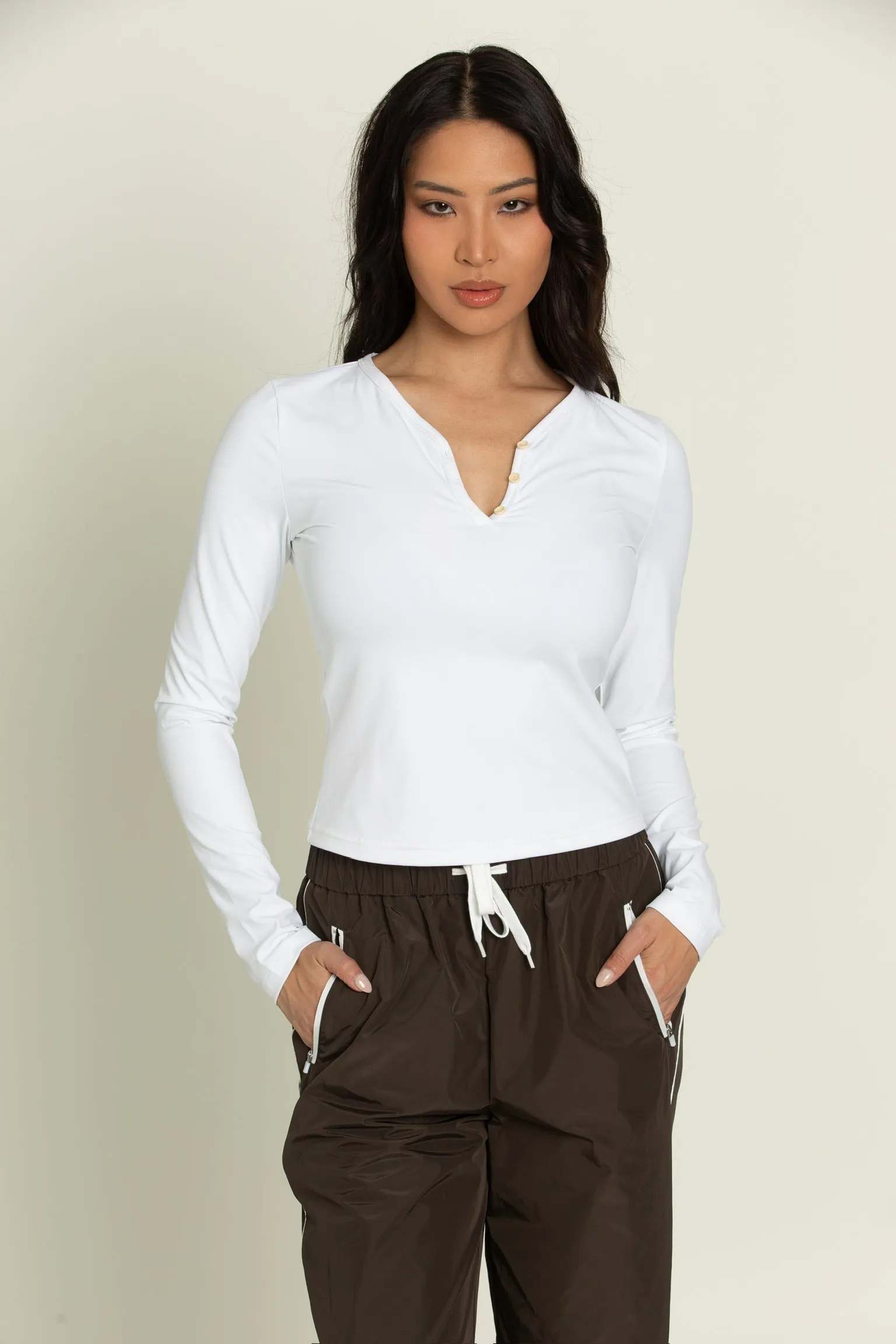 White Long Sleeve Button Top sold by Gold Hinge