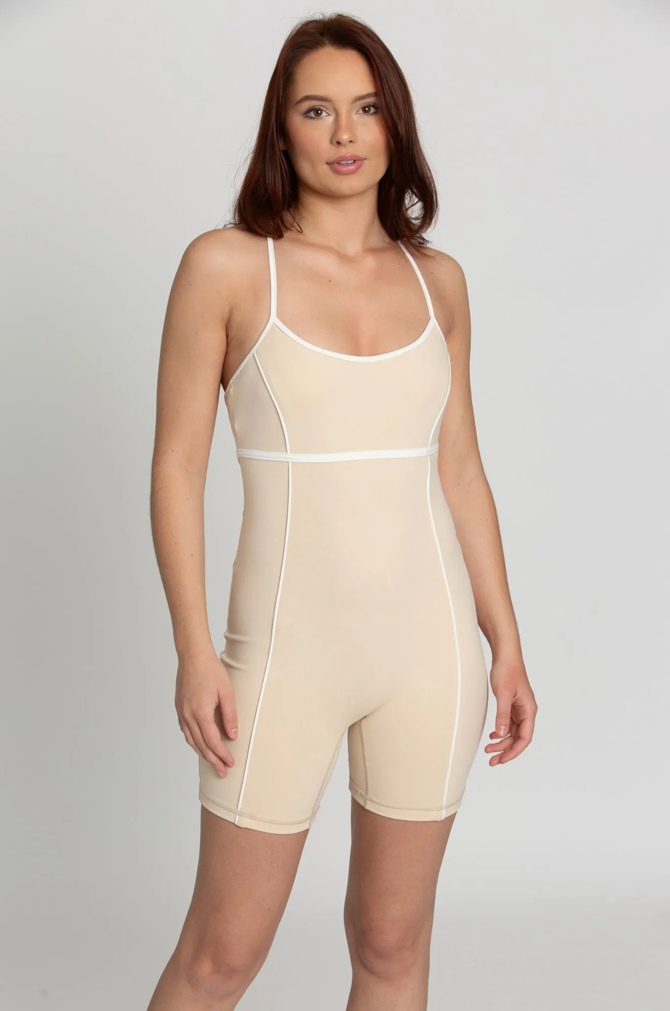 Creme Brulee White Lined Playsuit sold by Gold Hinge