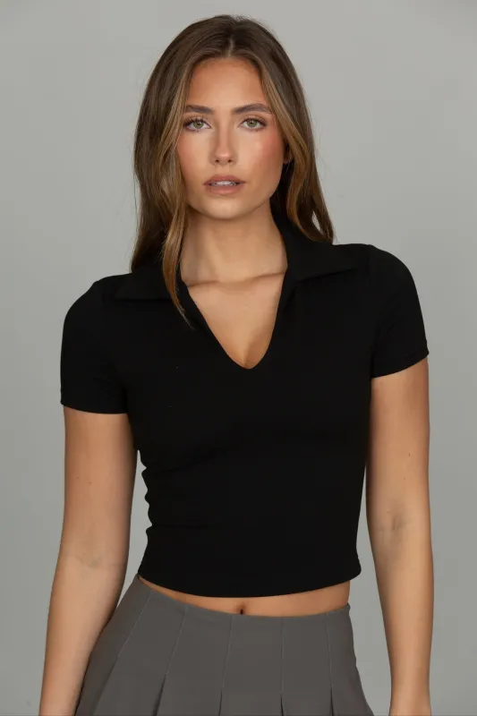 Black Preppy V-Neck Polo Top sold by Gold Hinge