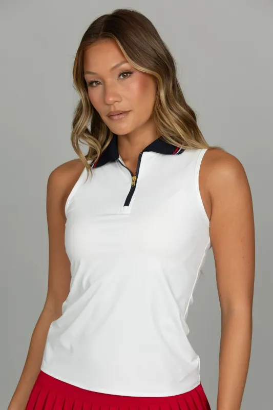 White Zipper Polo Tank sold by Gold Hinge