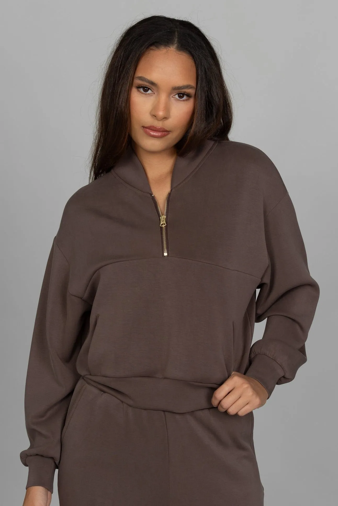 Mocha LuxeSoft Lounge Quarter Zip sold by Gold Hinge