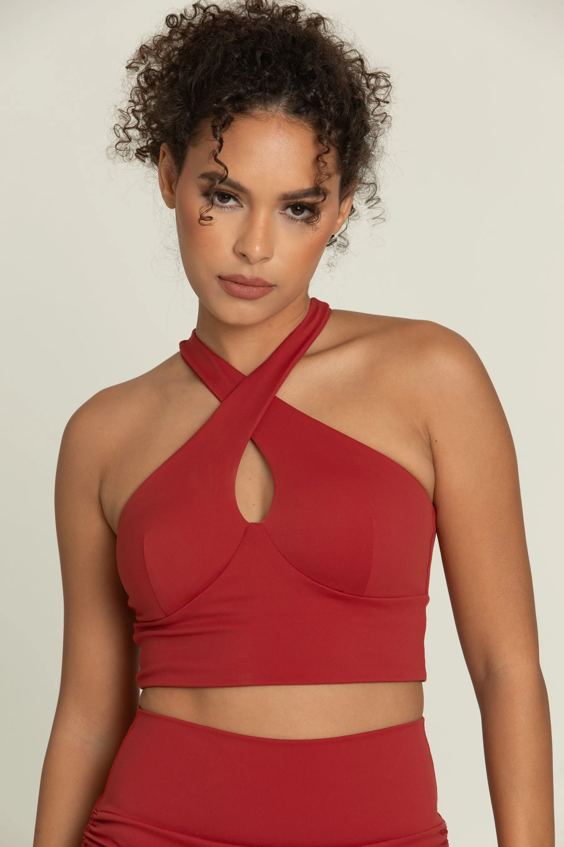 Rust Red Cross Over Yoga Top sold by Gold Hinge