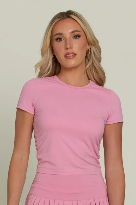 True Pink Side Ruched Short Sleeve Top sold by Gold Hinge