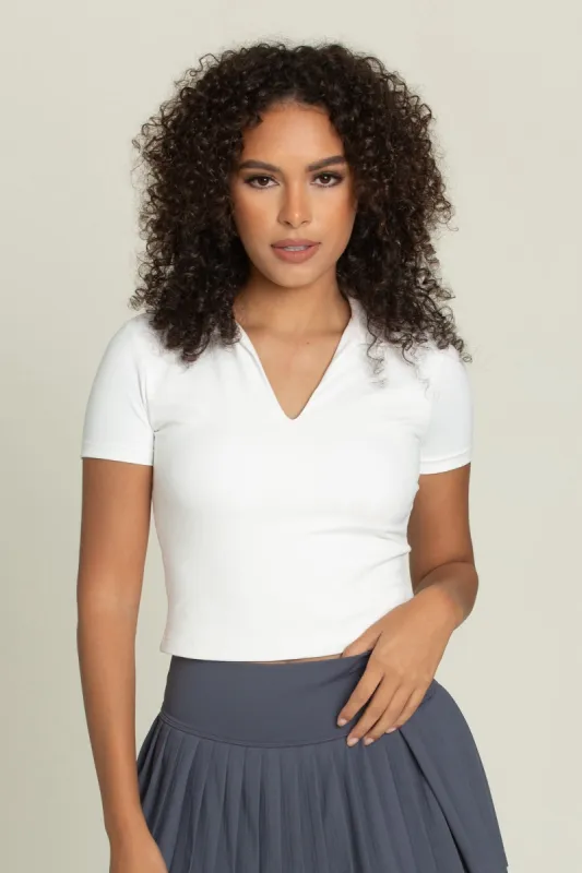White Preppy V-Neck Polo Top sold by Gold Hinge
