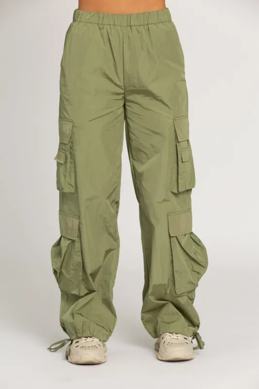Shiny Olive Green Parachute Pants sold by Gold Hinge