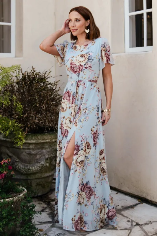 Naomi Short Sleeve Maxi Dress | Blue Multi Floral sold by Baltic Born