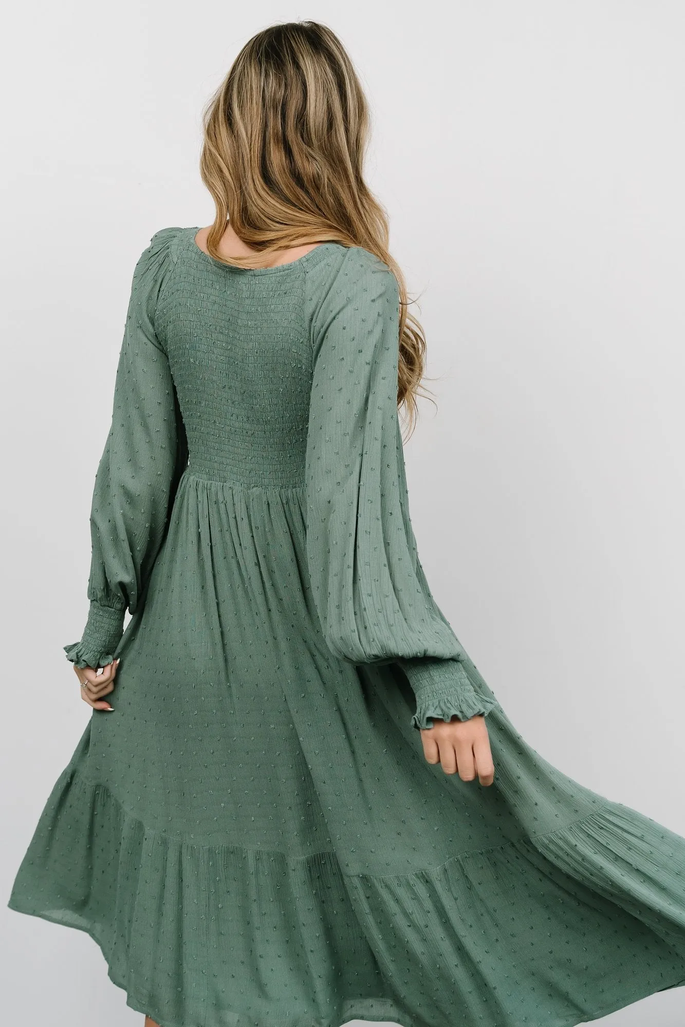 Lainey Smocked Dotted Midi Dress | Dark Sage sold by Baltic Born product image thumbnail 5