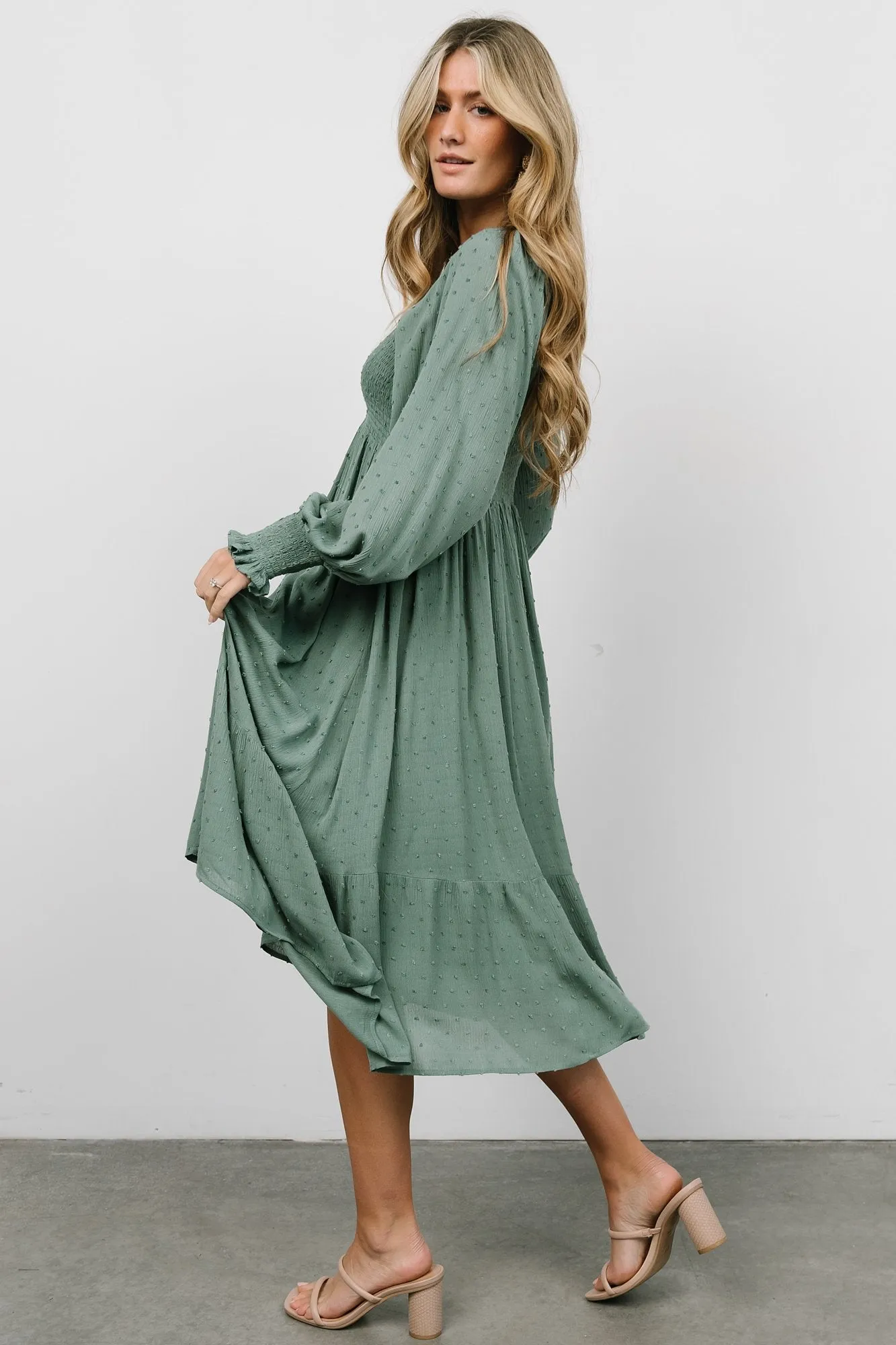 Lainey Smocked Dotted Midi Dress | Dark Sage sold by Baltic Born product image thumbnail 4