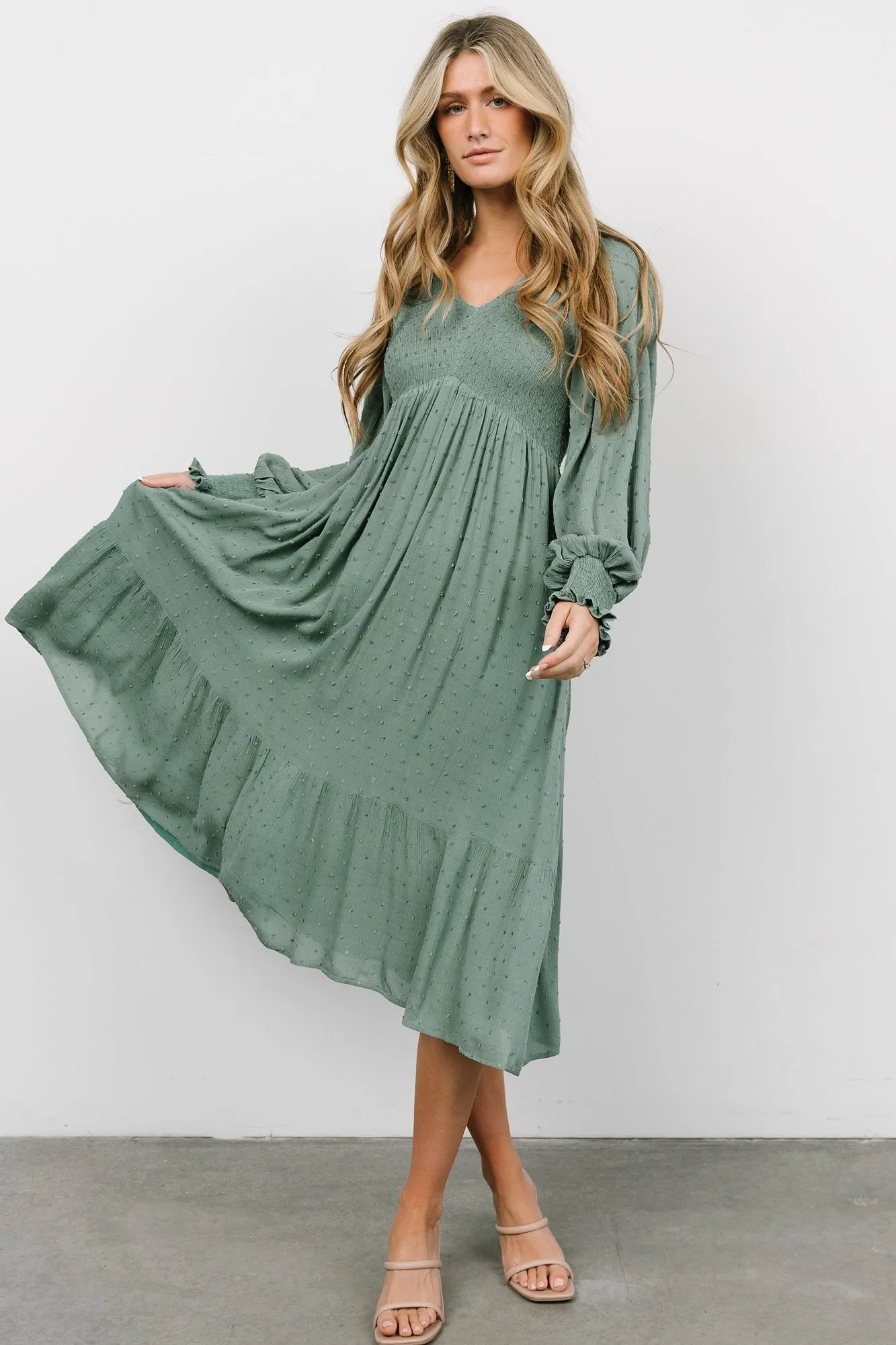 Lainey Smocked Dotted Midi Dress | Dark Sage sold by Baltic Born product image thumbnail 3
