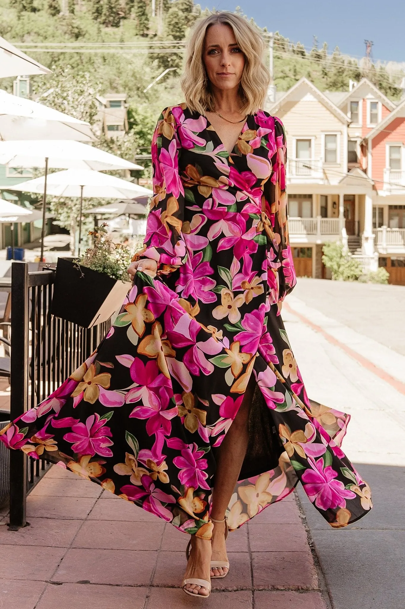 Katinka Wrap Maxi Dress | Black Multi Floral sold by Baltic Born