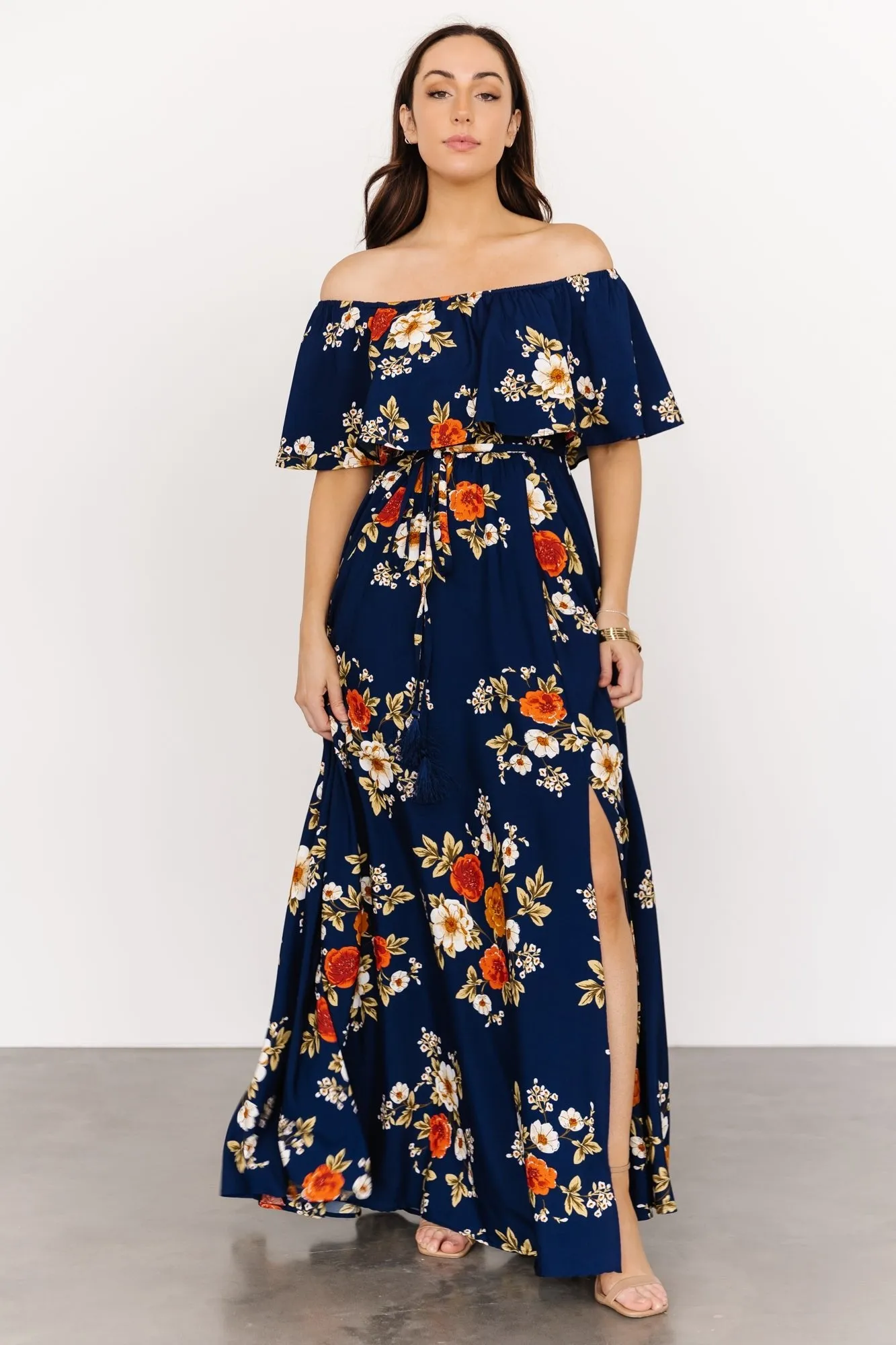 Marley Off Shoulder Maxi Dress | Navy Floral sold by Baltic Born