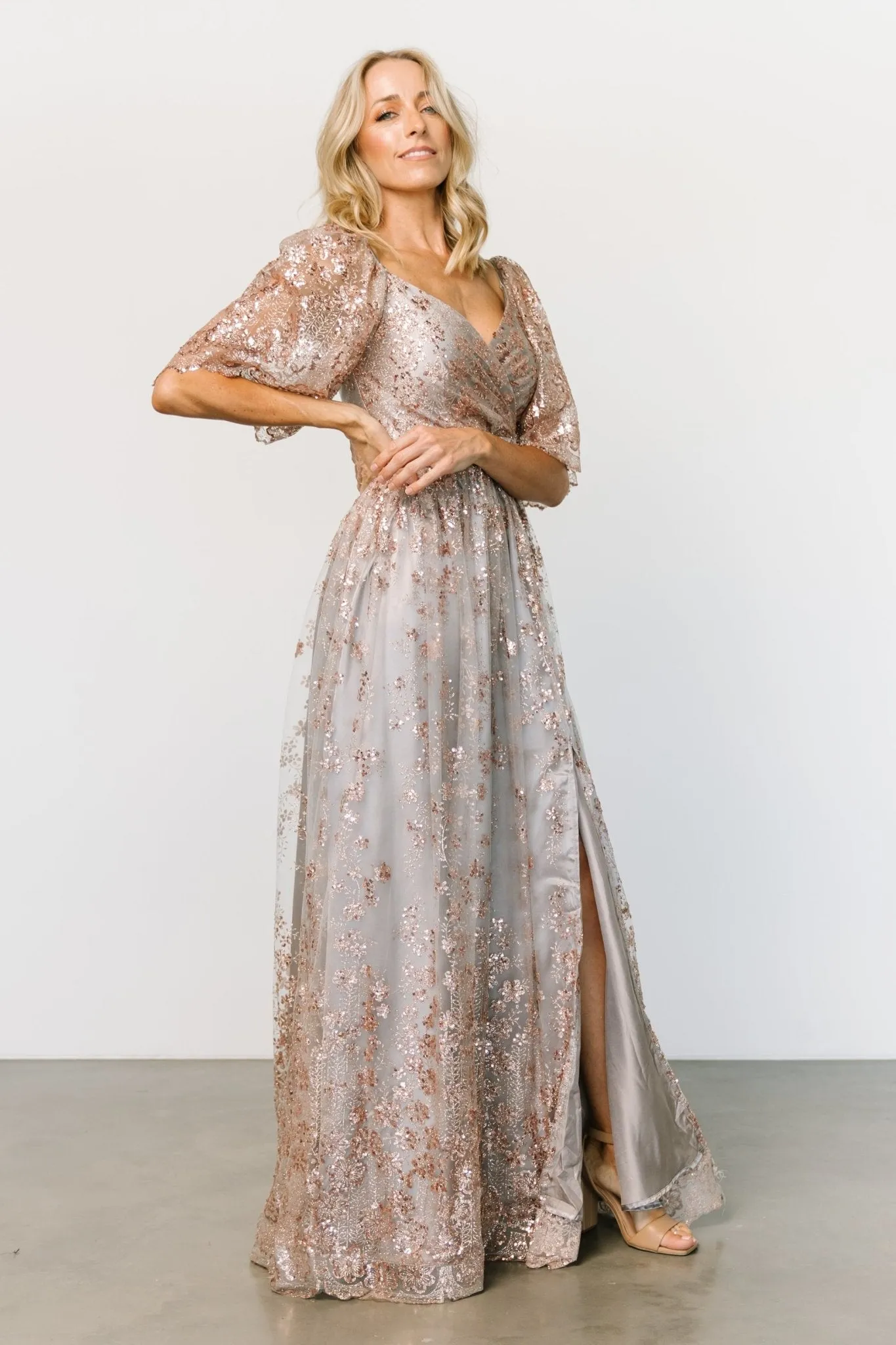 Genevieve Glitter Maxi Dress | Gray + Rose Gold sold by Baltic Born product image thumbnail 3