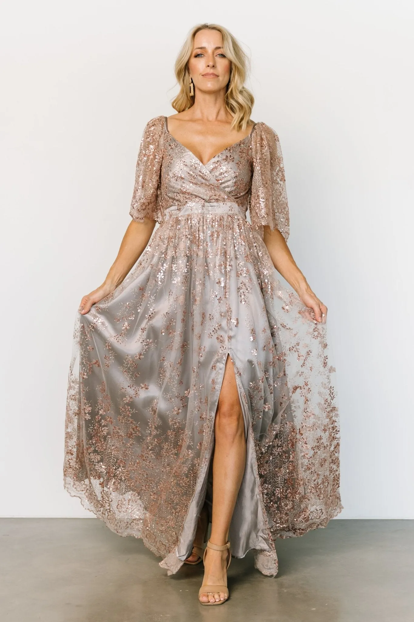 Genevieve Glitter Maxi Dress | Gray + Rose Gold sold by Baltic Born