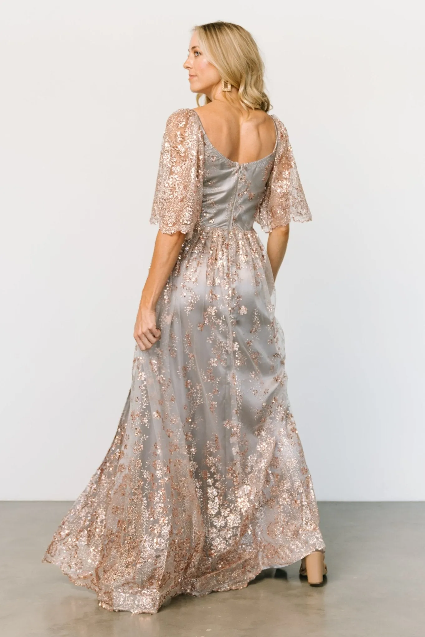 Genevieve Glitter Maxi Dress | Gray + Rose Gold sold by Baltic Born product image thumbnail 4