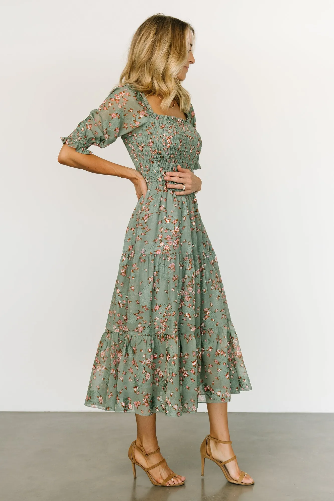 Fabian Jacquard Midi Dress | Eucalyptus + Pink sold by Baltic Born product image thumbnail 3