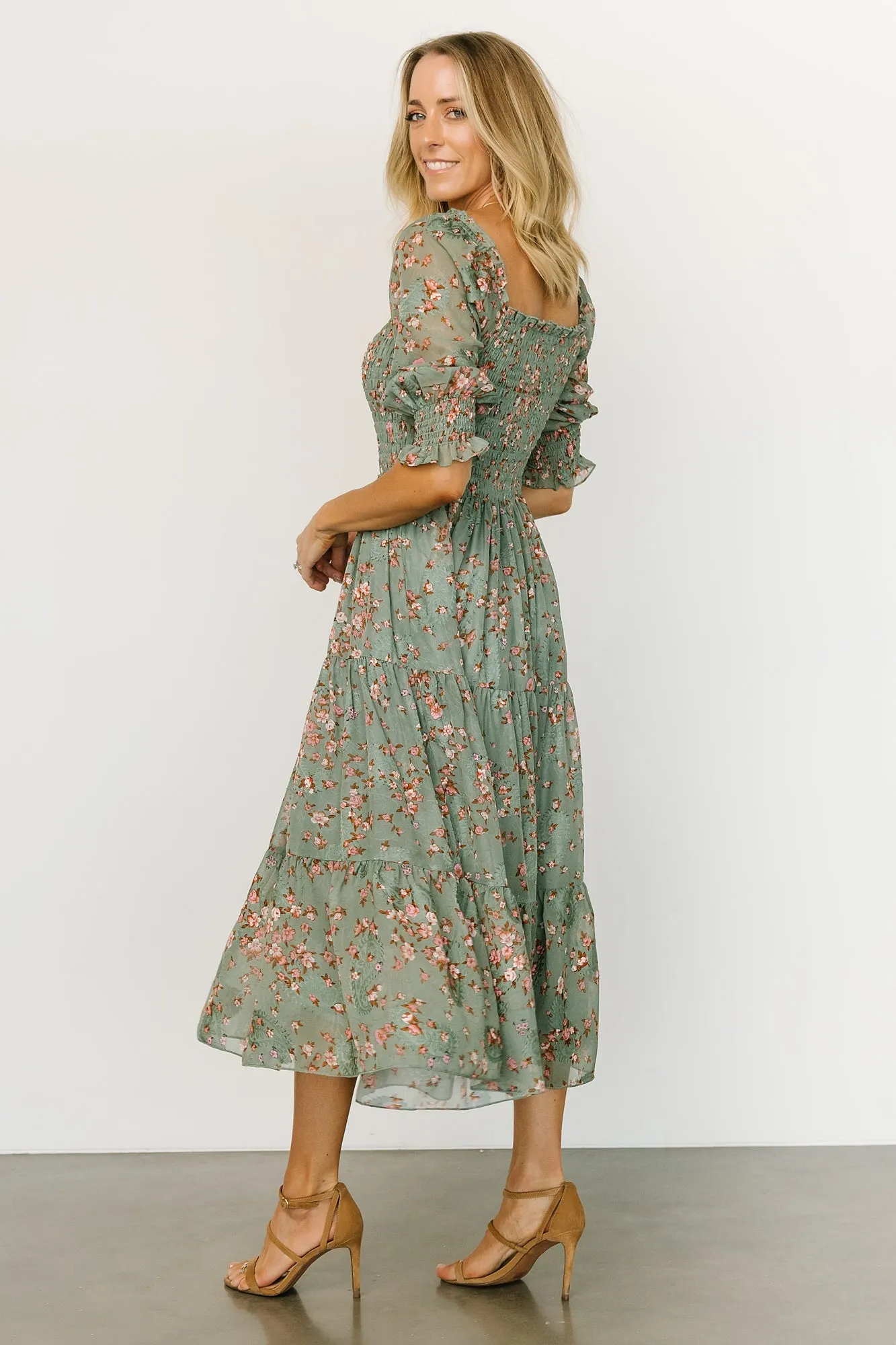 Fabian Jacquard Midi Dress | Eucalyptus + Pink sold by Baltic Born product image thumbnail 4