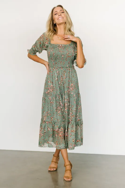 Fabian Jacquard Midi Dress | Eucalyptus + Pink sold by Baltic Born